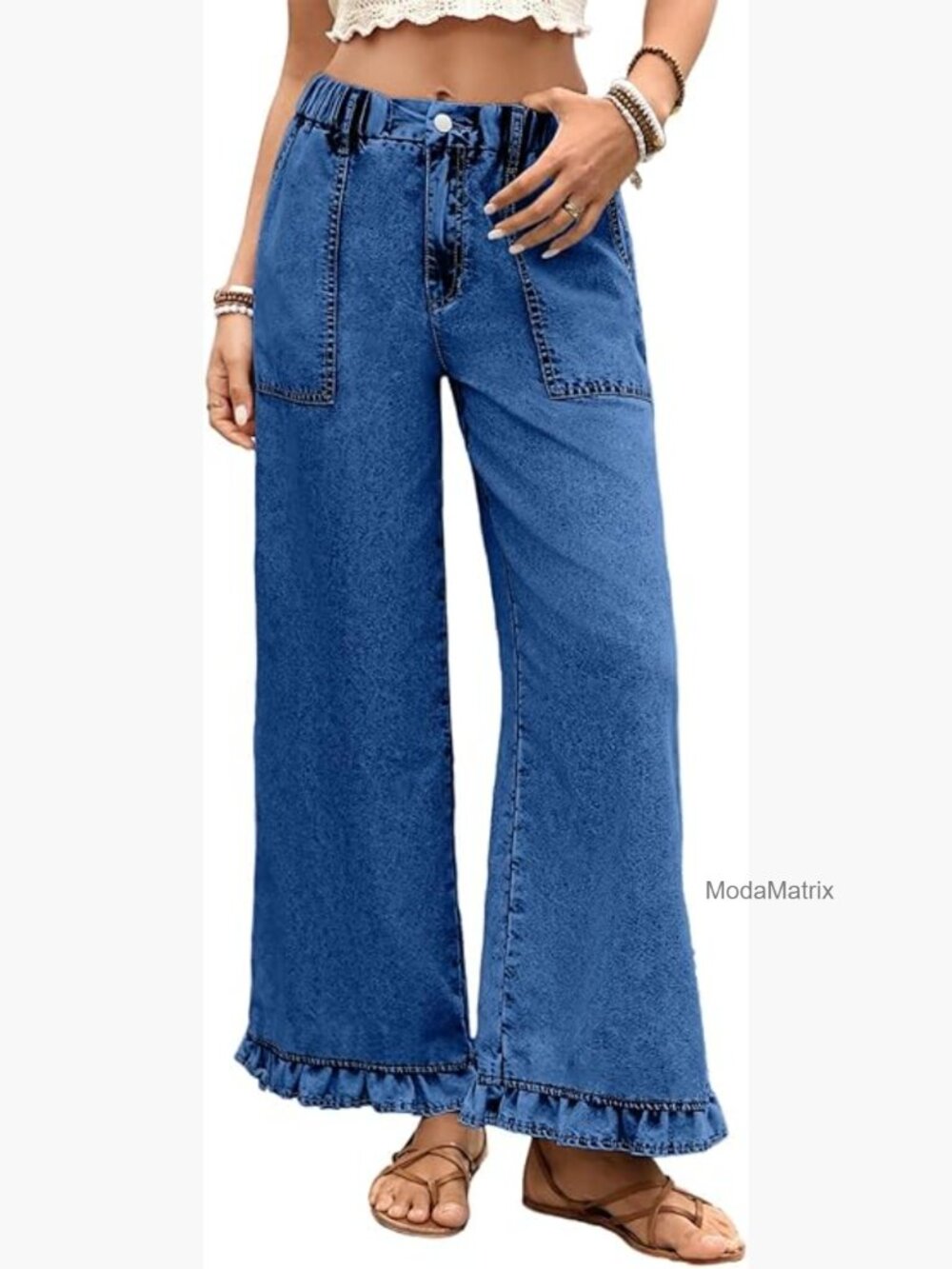 High Waisted Wide Leg Jeans with Ruffle Hem Stretch Denim Pants - Picture 1 of 6